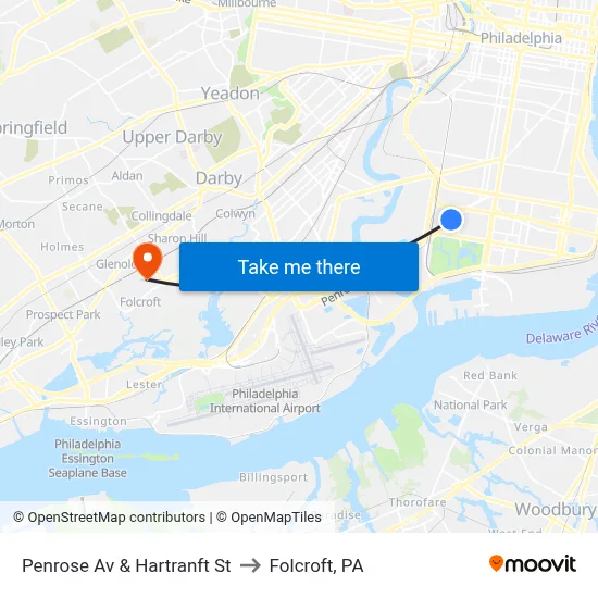 Penrose Av & Hartranft St to Folcroft, PA map