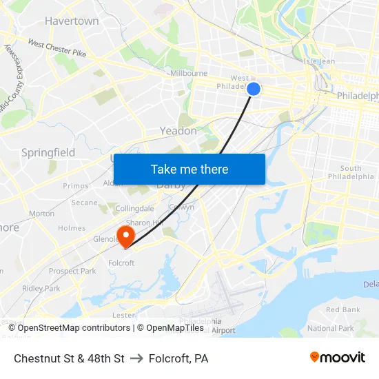 Chestnut St & 48th St to Folcroft, PA map