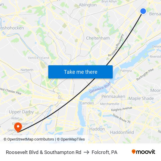 Roosevelt Blvd & Southampton Rd to Folcroft, PA map