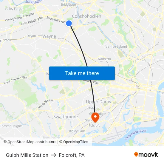 Gulph Mills Station to Folcroft, PA map