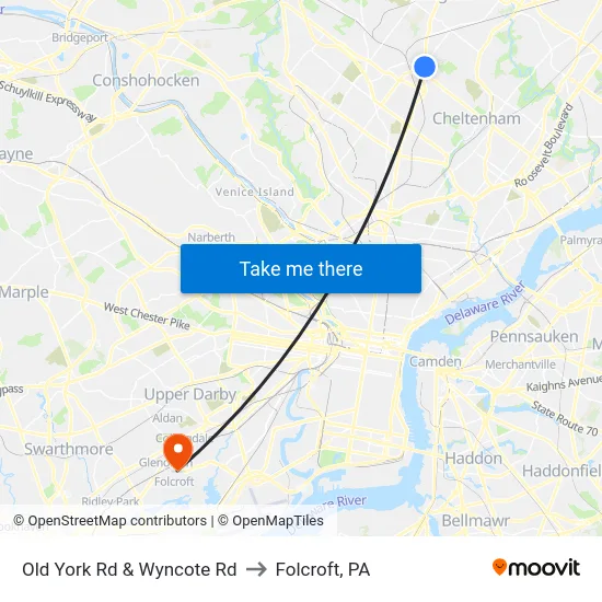 Old York Rd & Wyncote Rd to Folcroft, PA map