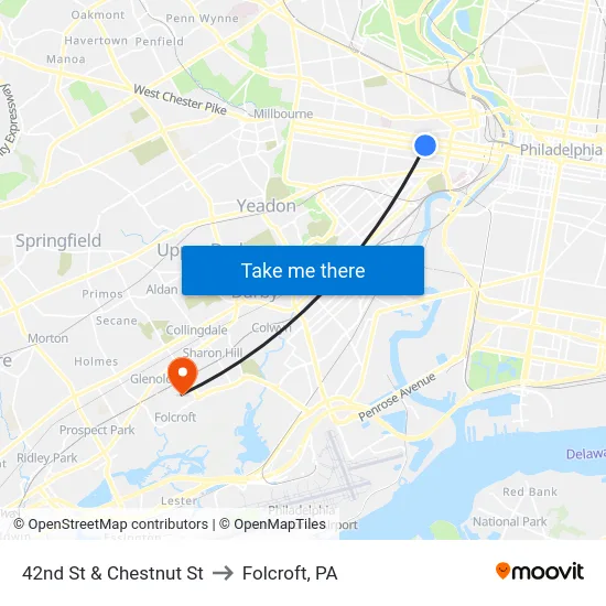 42nd St & Chestnut St to Folcroft, PA map