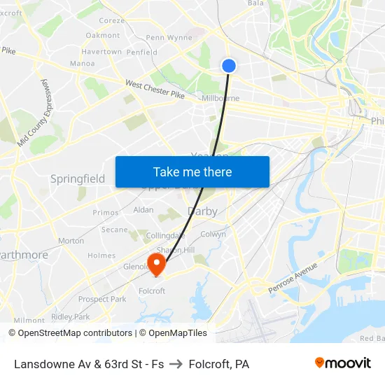 Lansdowne Av & 63rd St - Fs to Folcroft, PA map