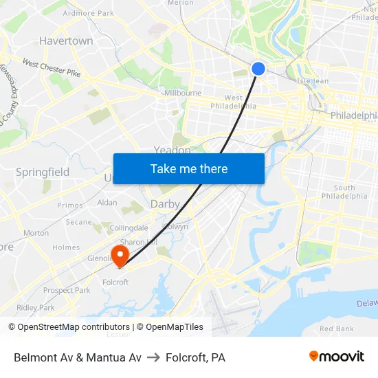 Belmont Av & Mantua Av to Folcroft, PA map