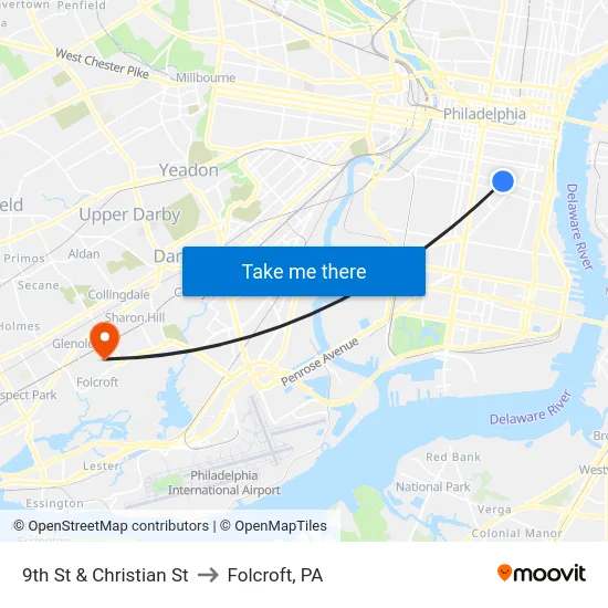 9th St & Christian St to Folcroft, PA map