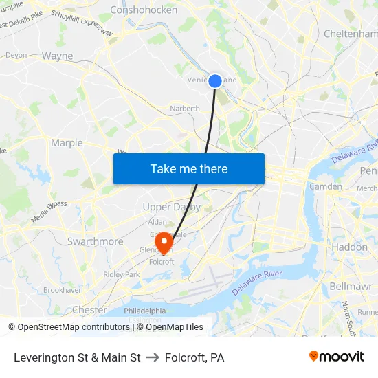 Leverington St & Main St to Folcroft, PA map