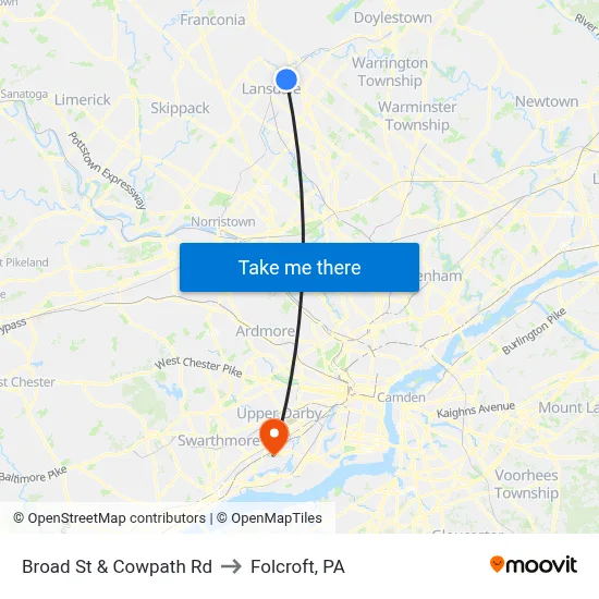 Broad St & Cowpath Rd to Folcroft, PA map