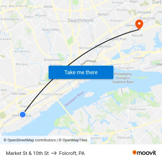 Market St & 10th St to Folcroft, PA map