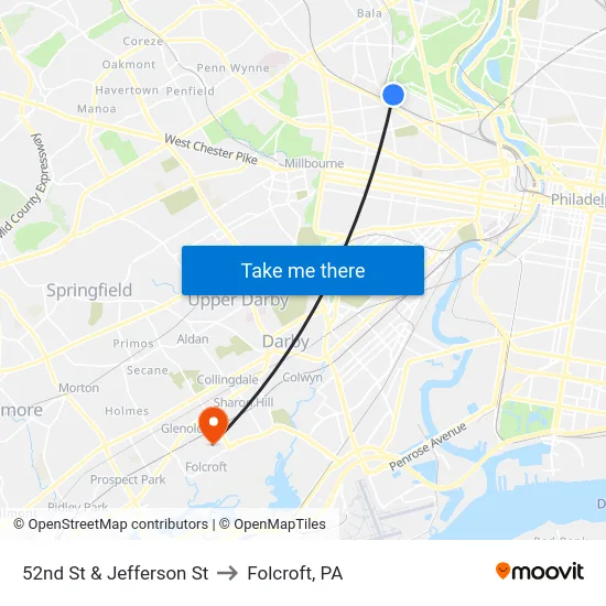 52nd St & Jefferson St to Folcroft, PA map
