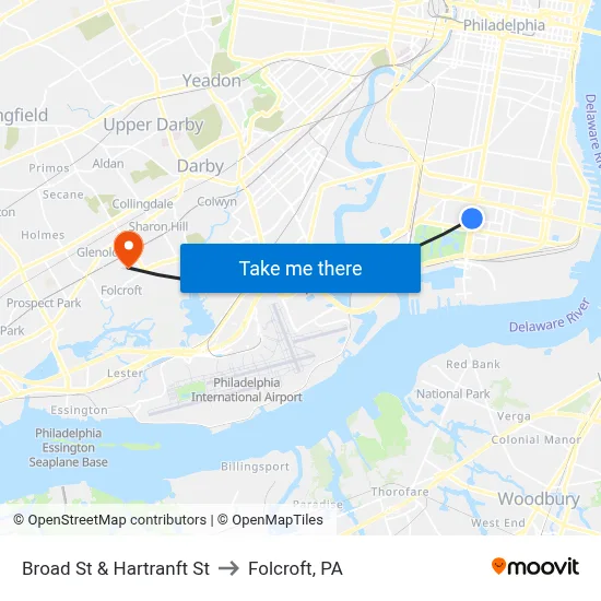 Broad St & Hartranft St to Folcroft, PA map