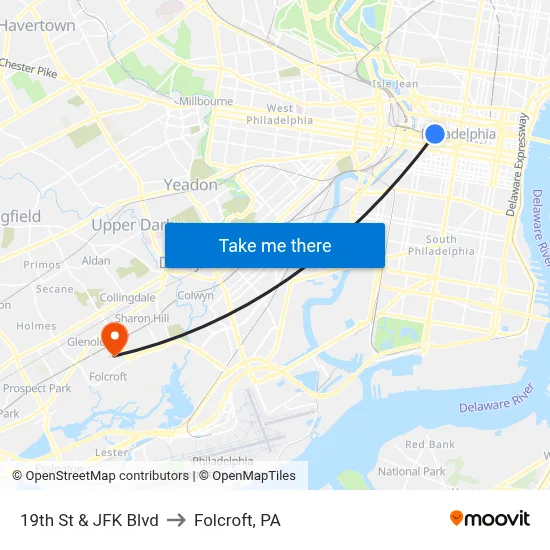 19th St & JFK Blvd to Folcroft, PA map