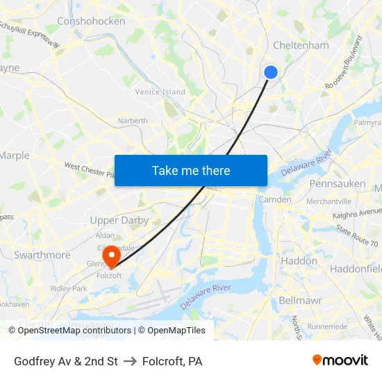 Godfrey Av & 2nd St to Folcroft, PA map