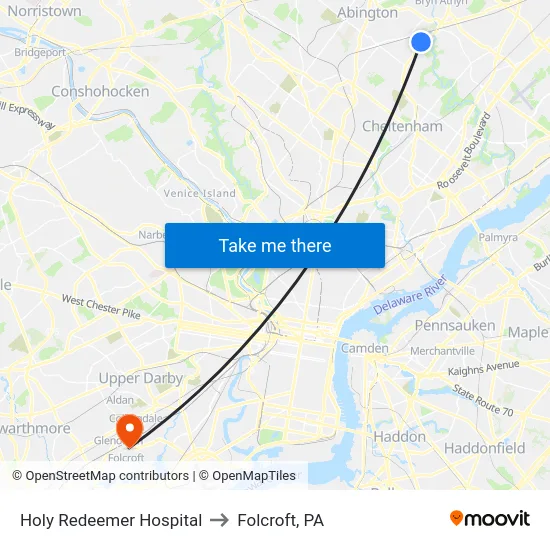 Holy Redeemer Hospital to Folcroft, PA map