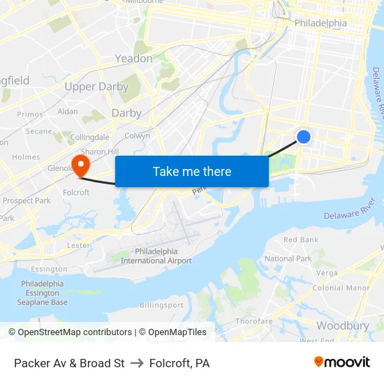 Packer Av & Broad St to Folcroft, PA map