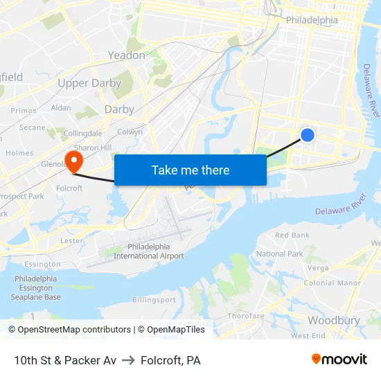 10th St & Packer Av to Folcroft, PA map