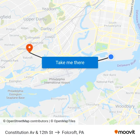 Constitution Av & 12th St to Folcroft, PA map
