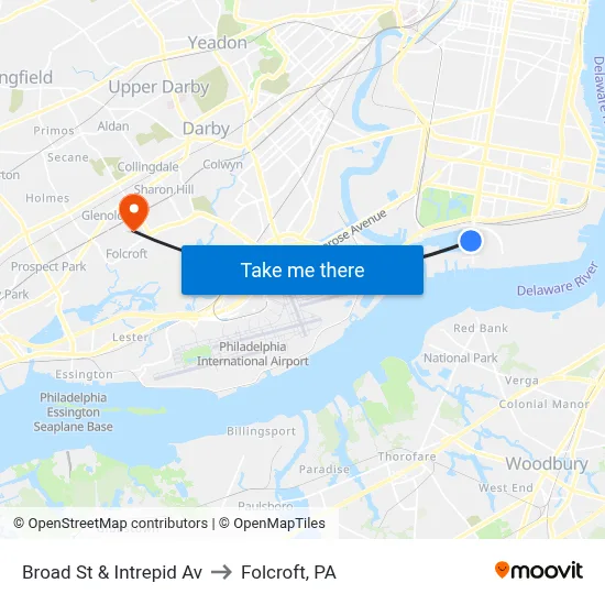 Broad St & Intrepid Av to Folcroft, PA map