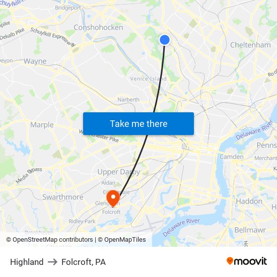 Highland to Folcroft, PA map