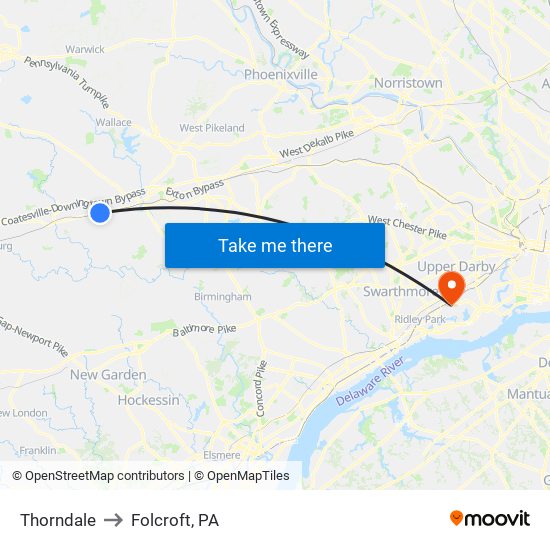 Thorndale to Folcroft, PA map
