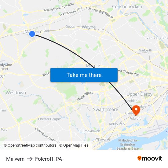 Malvern to Folcroft, PA map