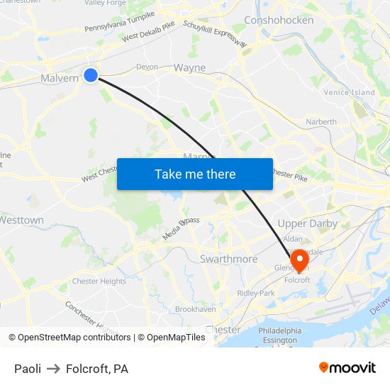 Paoli to Folcroft, PA map