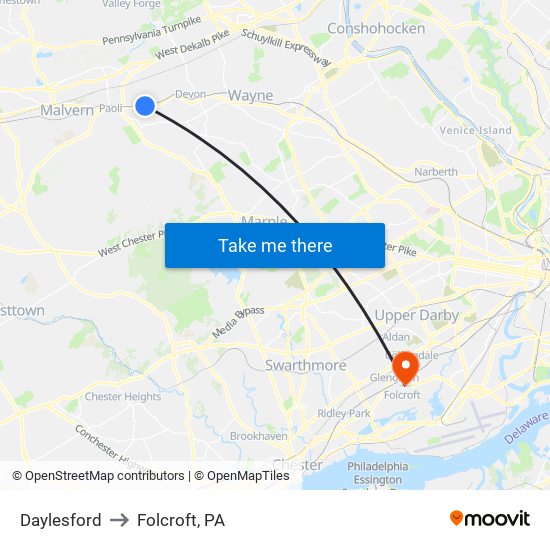 Daylesford to Folcroft, PA map