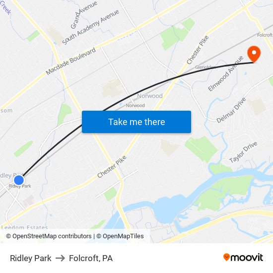 Ridley Park to Folcroft, PA map