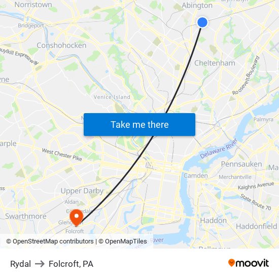 Rydal to Folcroft, PA map