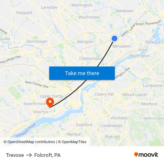 Trevose to Folcroft, PA map