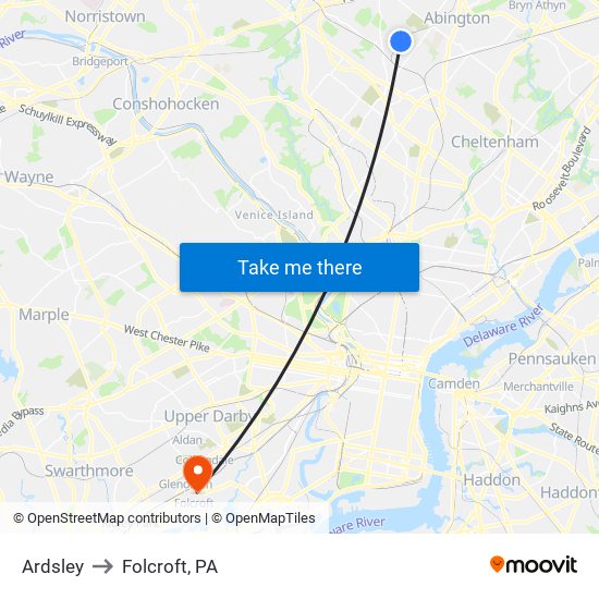 Ardsley to Folcroft, PA map