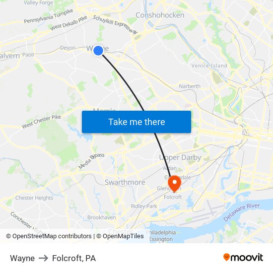 Wayne to Folcroft, PA map