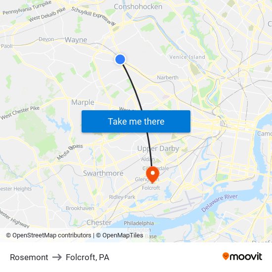 Rosemont to Folcroft, PA map