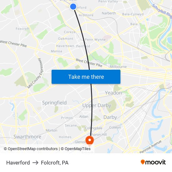 Haverford to Folcroft, PA map