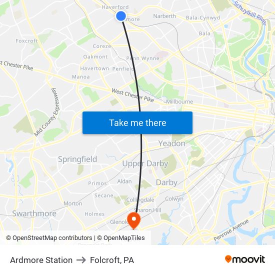 Ardmore Station to Folcroft, PA map