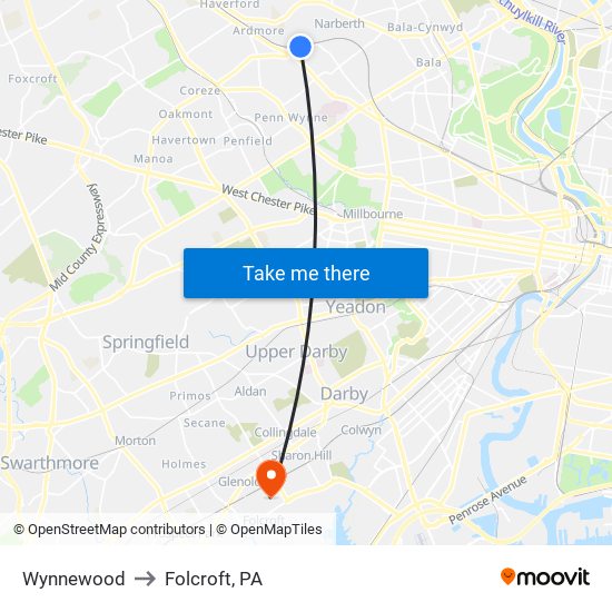 Wynnewood to Folcroft, PA map