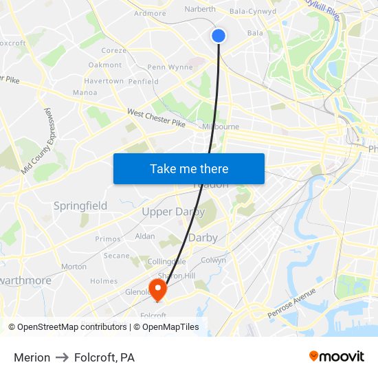 Merion to Folcroft, PA map