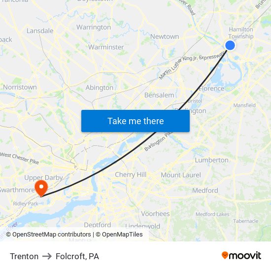 Trenton to Folcroft, PA map