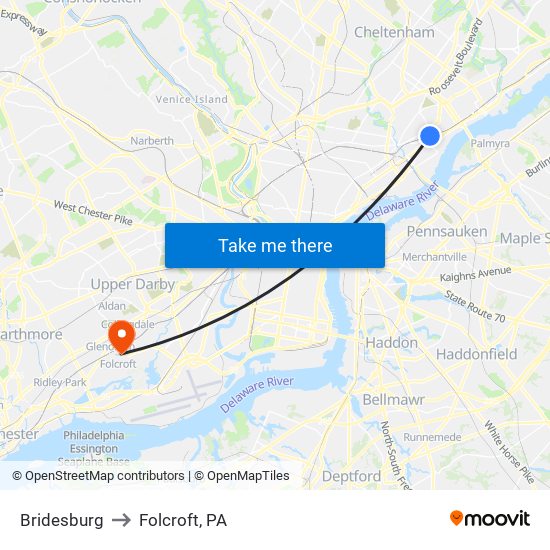 Bridesburg to Folcroft, PA map