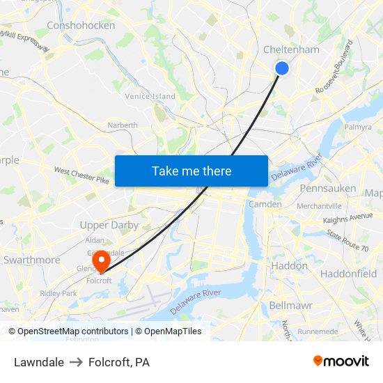 Lawndale to Folcroft, PA map