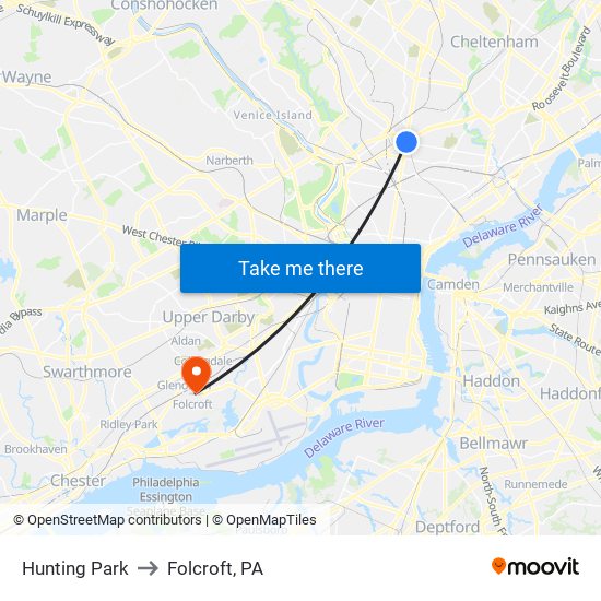 Hunting Park to Folcroft, PA map