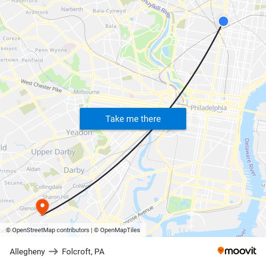 Allegheny to Folcroft, PA map