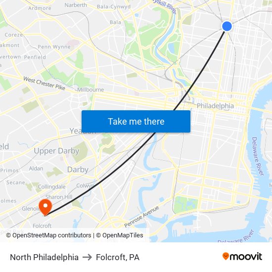 North Philadelphia to Folcroft, PA map