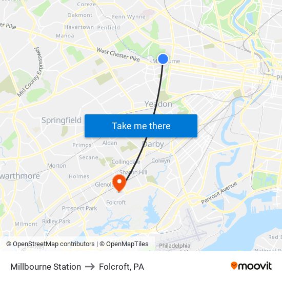 Millbourne Station to Folcroft, PA map