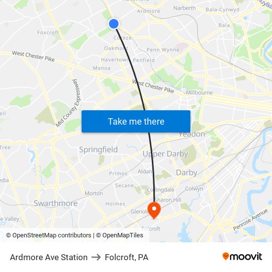 Ardmore Ave Station to Folcroft, PA map