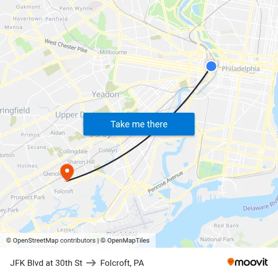 JFK Blvd at 30th St to Folcroft, PA map