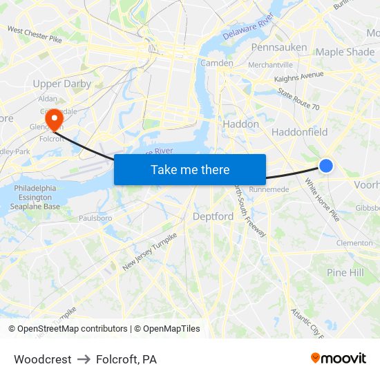 Woodcrest to Folcroft, PA map