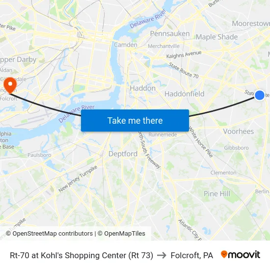 Rt-70 at Kohl's Shopping Center (Rt 73) to Folcroft, PA map