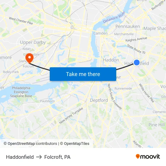 Haddonfield to Folcroft, PA map
