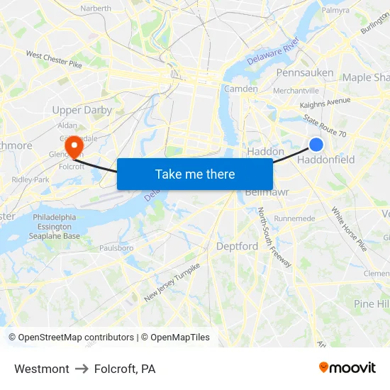 Westmont to Folcroft, PA map