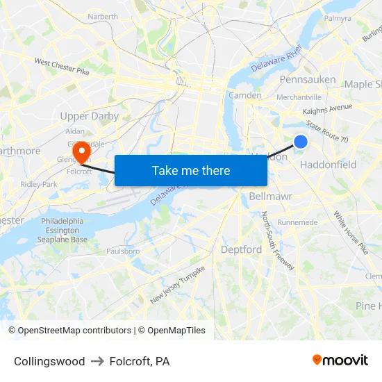 Collingswood to Folcroft, PA map